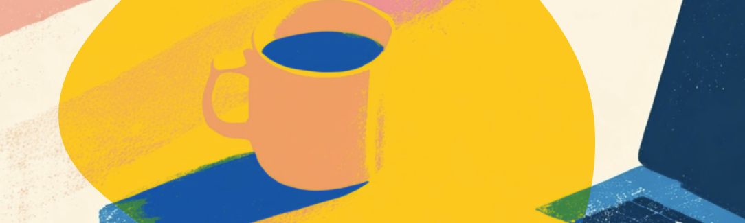 An illustration of a cup of coffee and a laptop