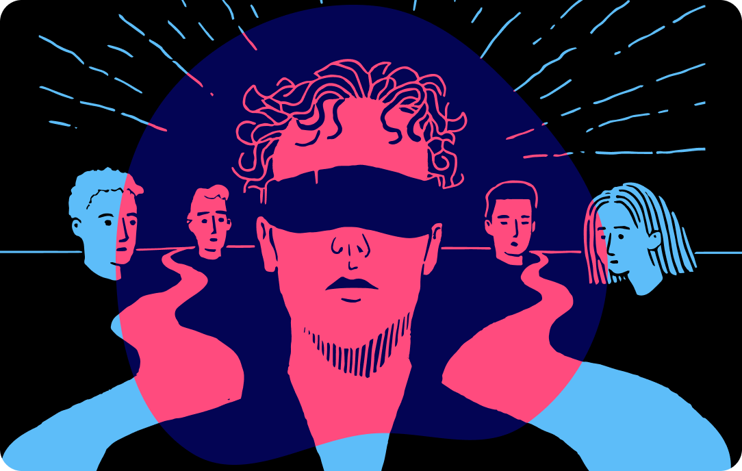 An illustration of a blindfolded man with others around deciding his future