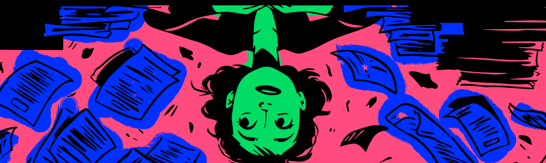 An AI-generated illustration of a woman upside down drowning in invoices