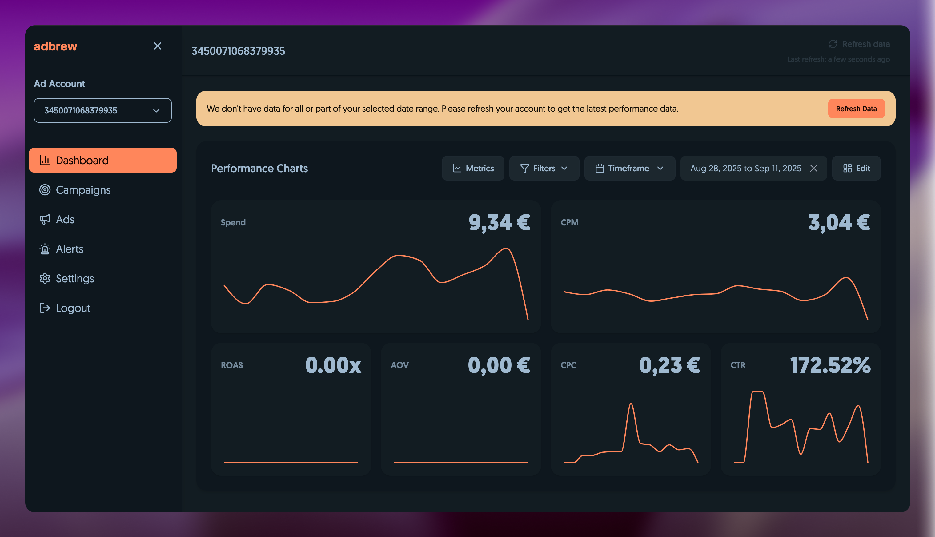 Adbrew dashboard showing general stats