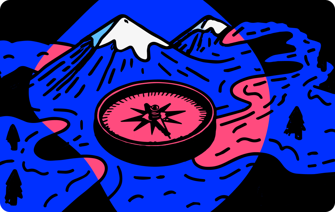 An illustration of a compass shining light on a terrain